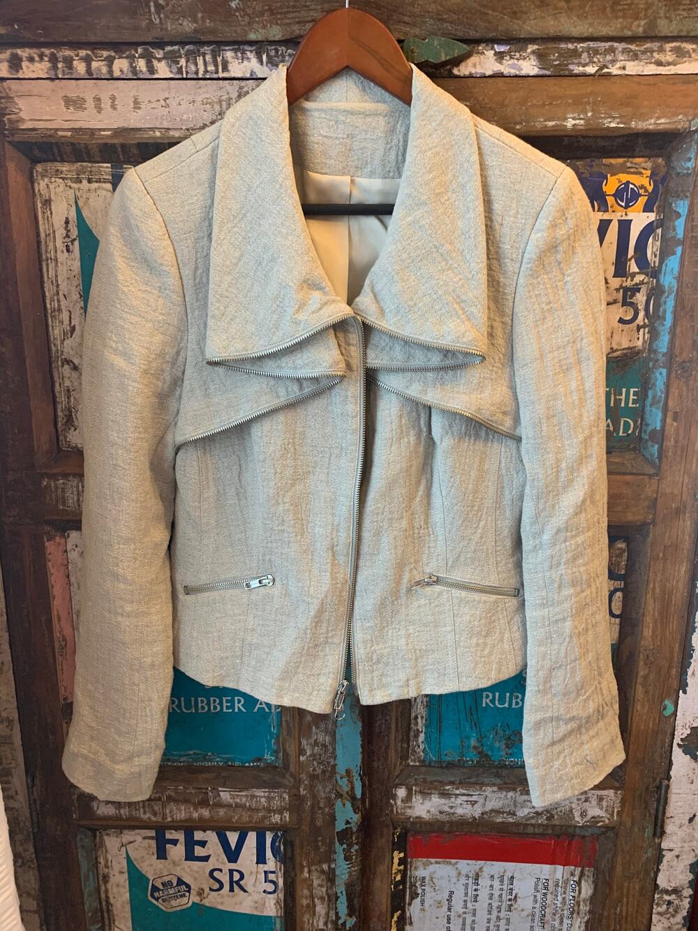 Cream Linen Jacket with zipper detail